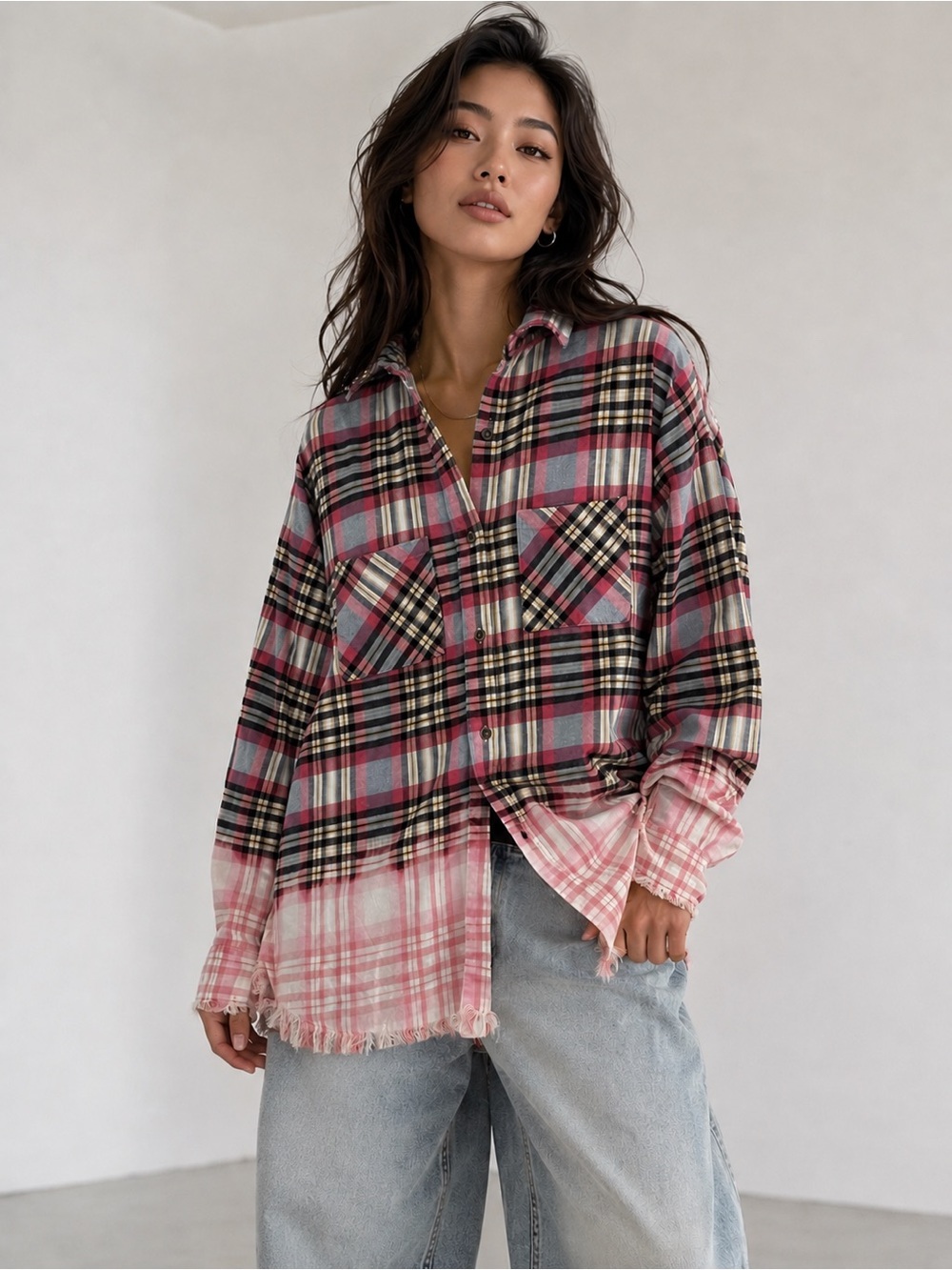 ONE24 Rags Flannel Plaid Shirt Size M Pink Blue Black Button Front Frayed